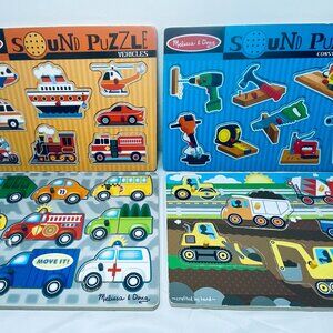 (4) Melissa & Doug Wooden Sound & Peg Puzzles Construction, Vehicles - VGUC
